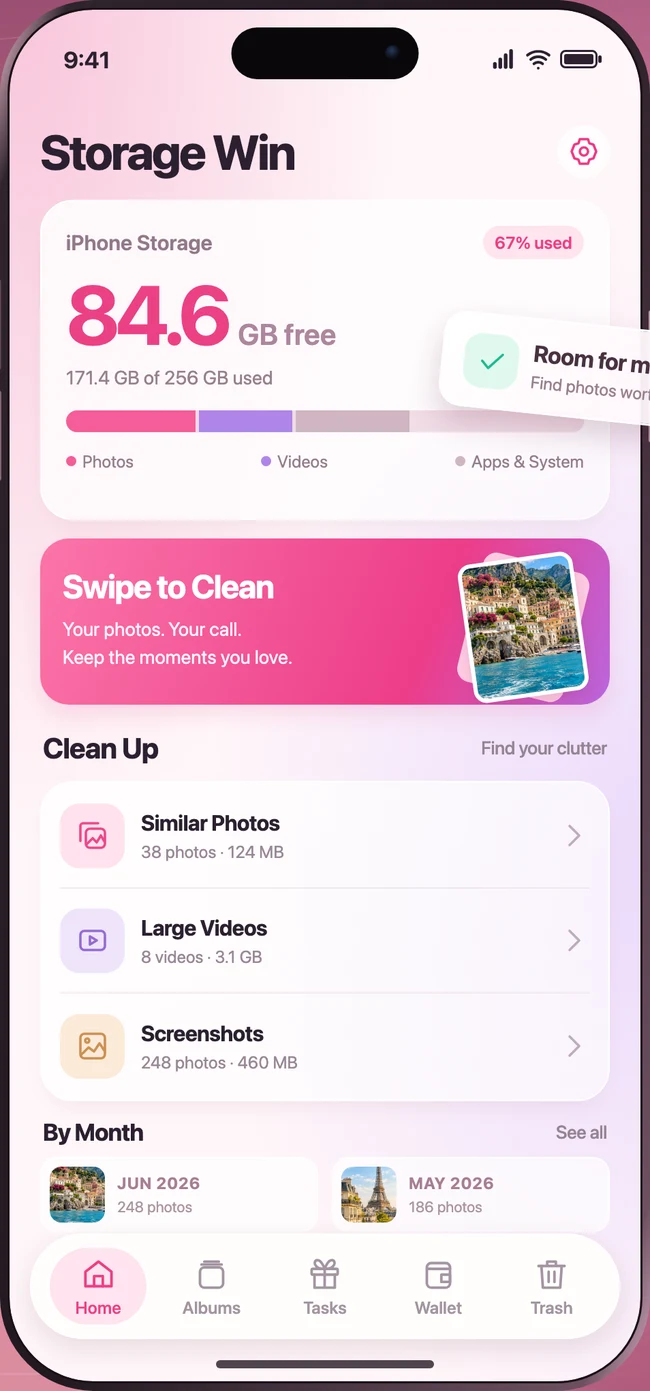 Storage Win home showing storage overview, similar photos, large videos, screenshots and monthly albums